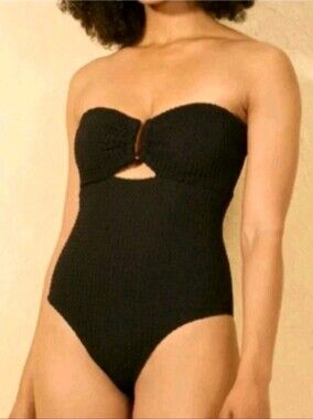Crochet Gold U Wire One Piece Swimsuit - Shade & Shore Black Bandeau Small NWT
